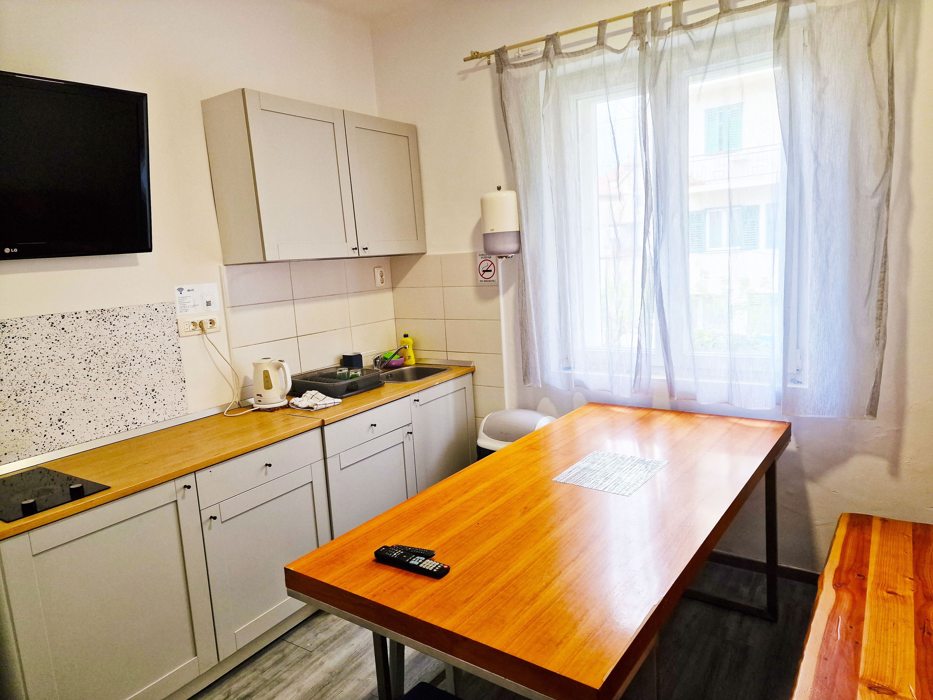 Un angolo cottura con piano cottura, lavandino e una TV a parete.