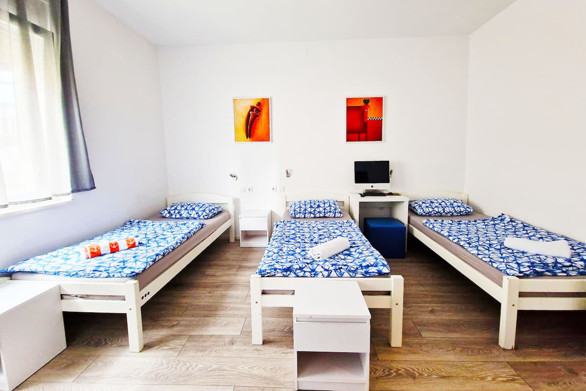 A dormitory room with two single beds, a desk, a chair, and a TV.