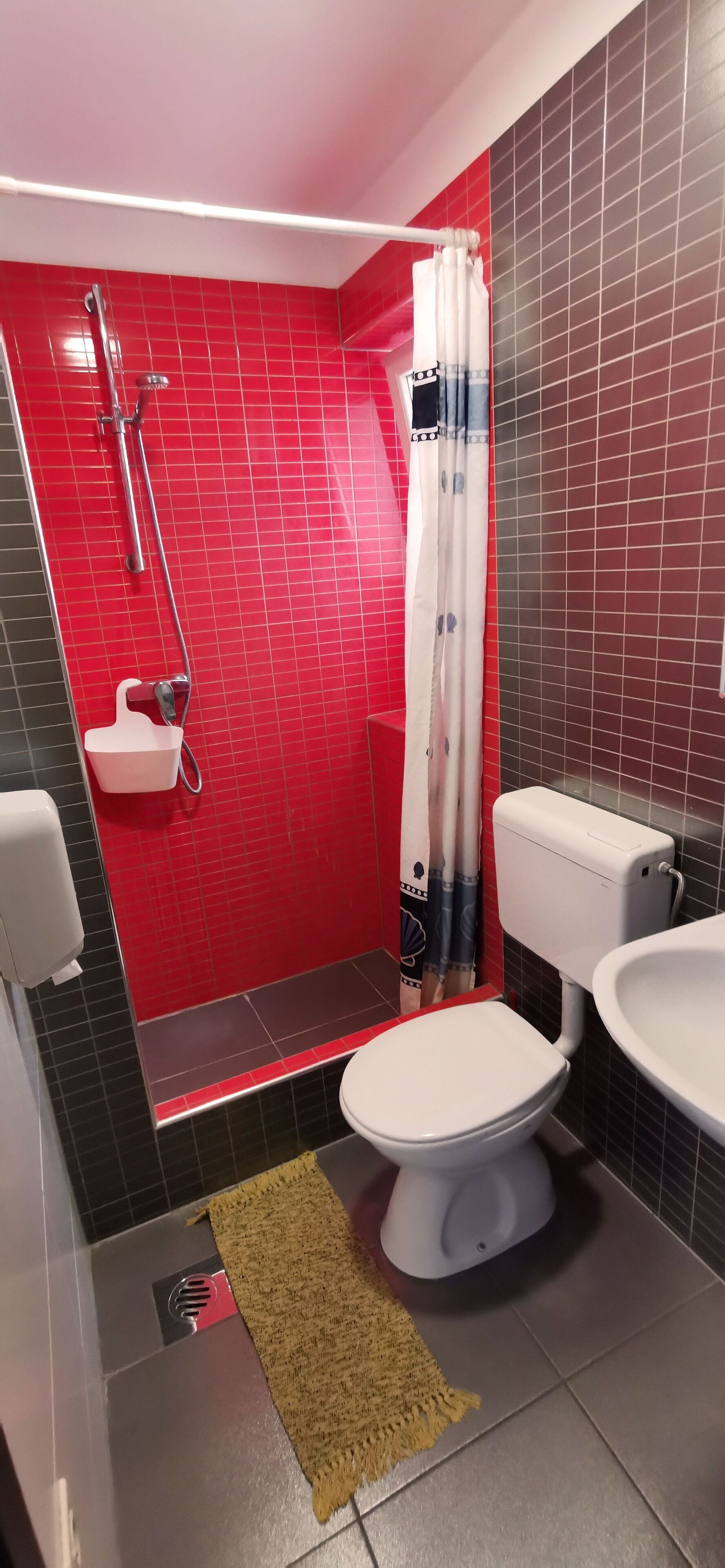 Un baño con zona de ducha con azulejos rojos, un inodoro y un lavamanos.