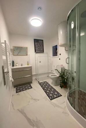 Chuveiro, secador de cabelo, toalhas de banho, sabonete