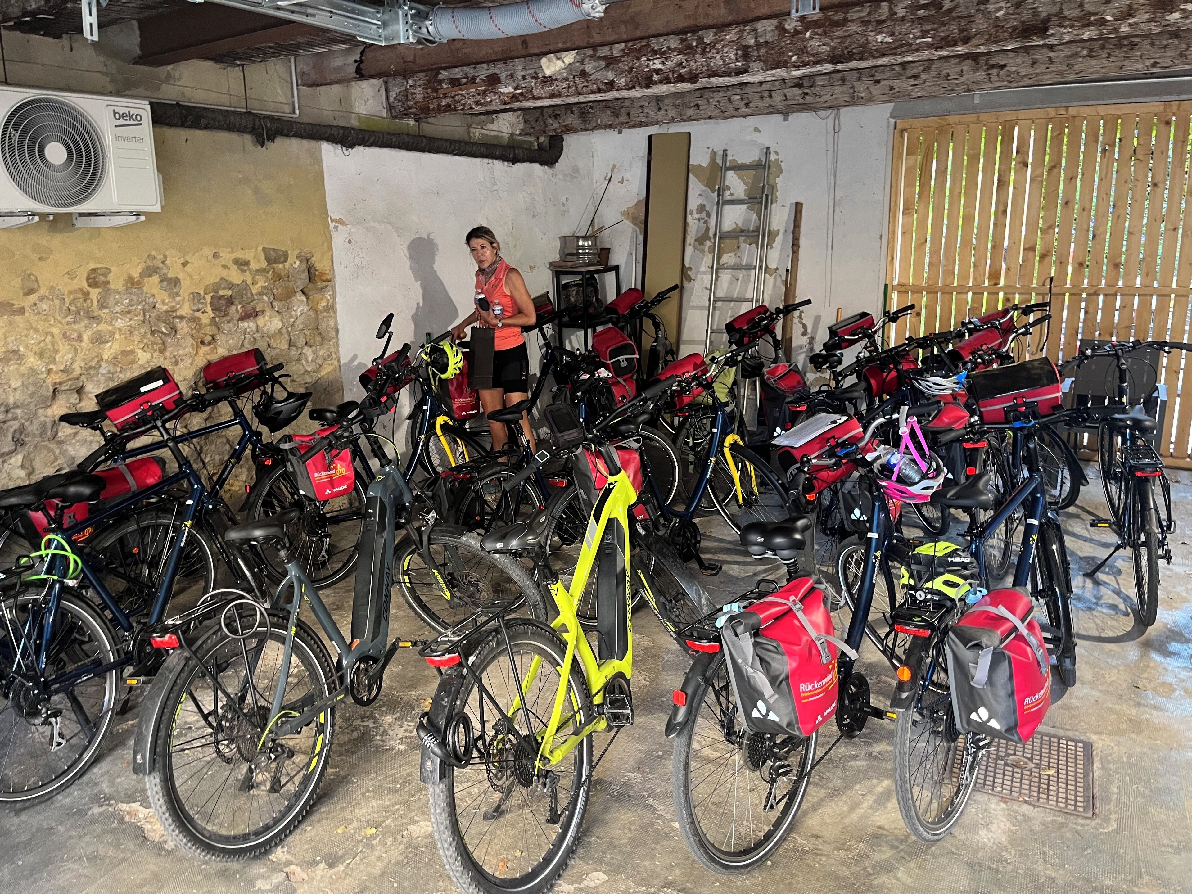 A room with multiple bicycles parked against the wall, a fan, and a ladder.