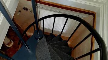 A spiral staircase with a black metal railing and carpeted steps.