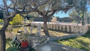 Un sendero de piedra que conduce a un edificio con techo tradicional, rodeado de árboles y una pequeña maceta roja en el suelo.