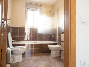 Shower, bidet, towels, soap