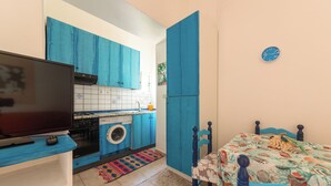 A compact room with a kitchen area, a washing machine, a television, and a bed with a colorful bedspread. - Villa dei Sogni (Ischia)