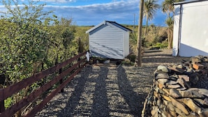 A gravel path leading to a small shed with a sloped roof, surrounded by dense foliage and a palm tree. - Beautiful 2-bed Semi Rural Cottage Enclosed Garden (Stranraer)