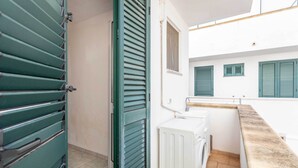Een wasruimte met een wasmachine, een droogrek en een groene deur.