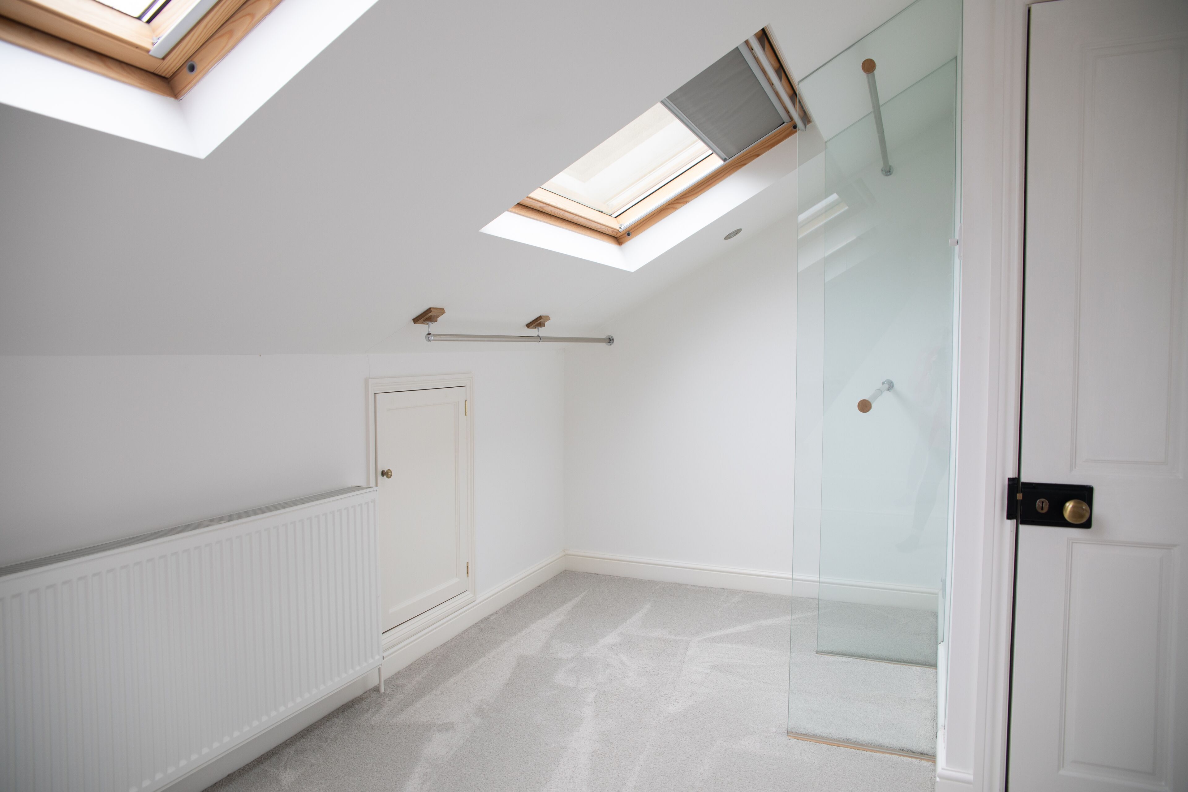 A room with a skylight, a glass shower enclosure, and a white door.