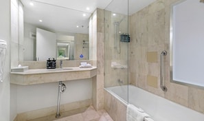 Hair dryer, towels, soap, shampoo