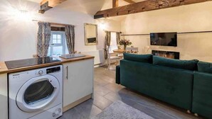 A compact living space with a washing machine, a dining area, and a green sofa.