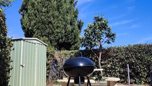A barbecue grill in a garden with a green shed and a tall tree in the background. - Cosy apartment, 100 m from beaches, quiet area with outside, air conditioning, wifi & parking (Saint-Chamas)