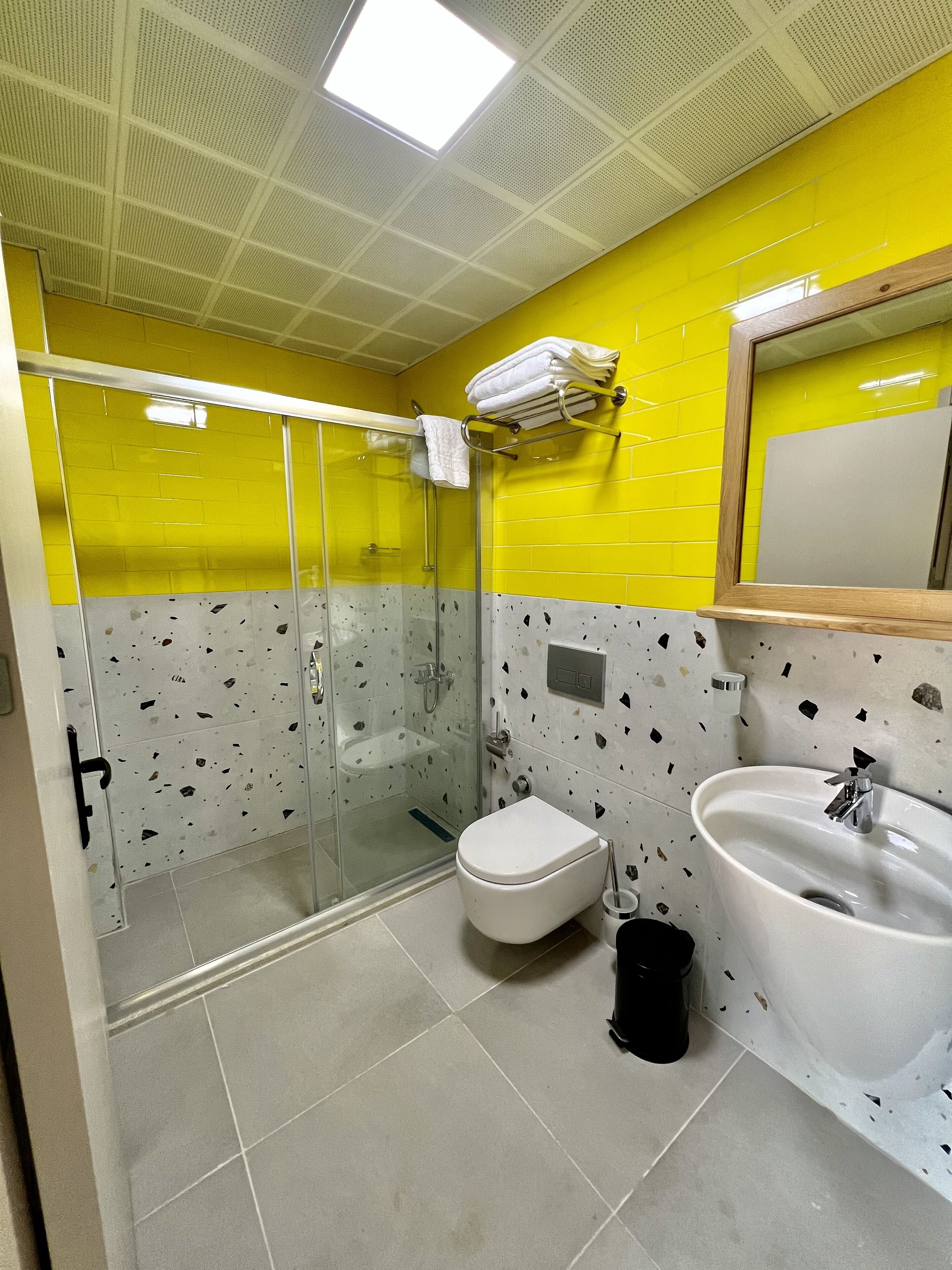 A bathroom with a glass shower enclosure, a toilet, and a sink with a mirror above it.