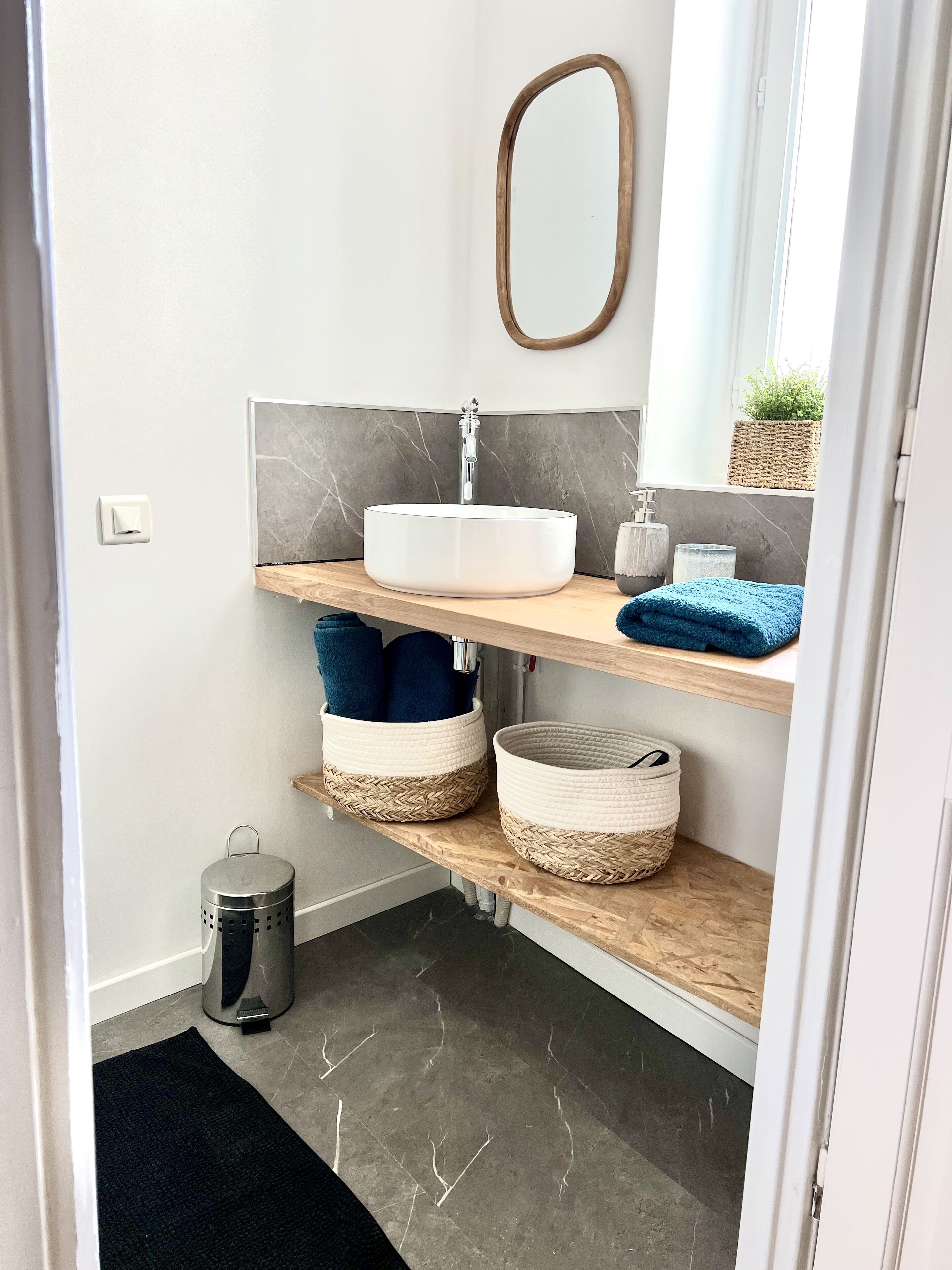Shower, hair dryer, towels, toilet paper