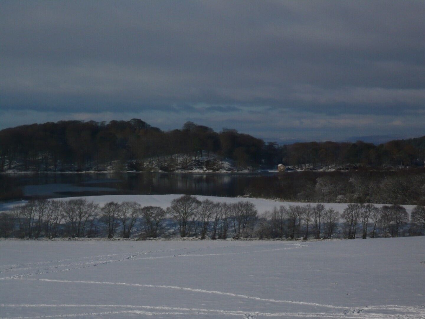 Eine verschneite Landschaft mit einem See und Bäumen.