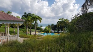 A pool area with a view of the ocean, surrounded by palm trees and a gazebo. - Appartement vue mer (LE HELLEUX - SAINTE ANNE)