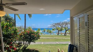 A covered outdoor area with a view of the ocean, palm trees, and a pathway leading to the beach. - Appartement vue mer (LE HELLEUX - SAINTE ANNE)