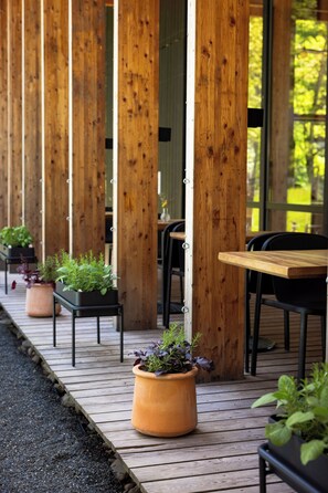 A wooden deck with outdoor seating, potted plants, and a wooden table. - Eastwind Oliverea Valley (Big Indian)