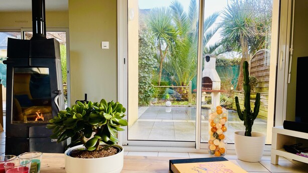 Un salon avec une cheminée, une plante en pot, un livre et une vue sur le jardin grâce à des portes vitrées.