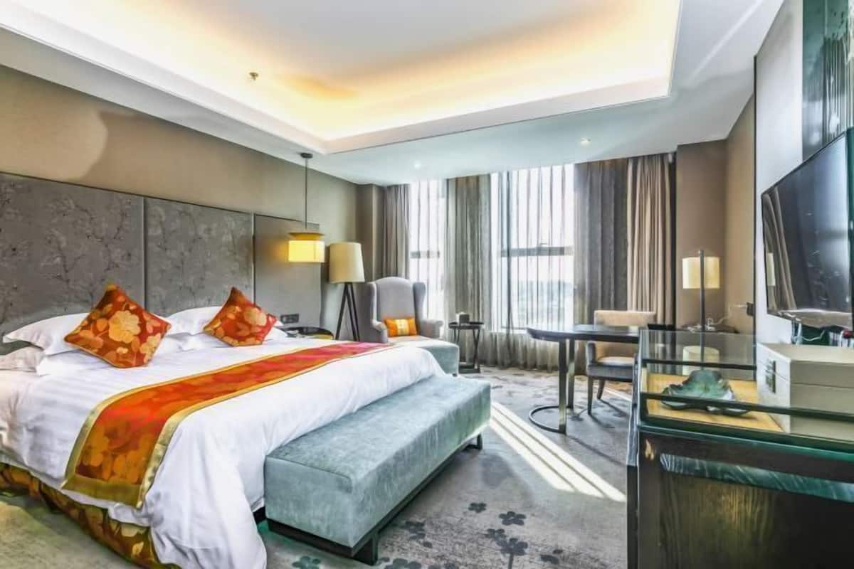 A hotel room with a large bed, a desk, a chair, a TV, and a large window.