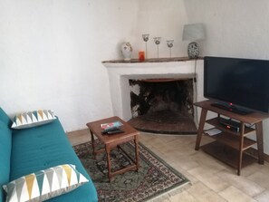 Televisie, een open haard, een dvd-speler en boeken