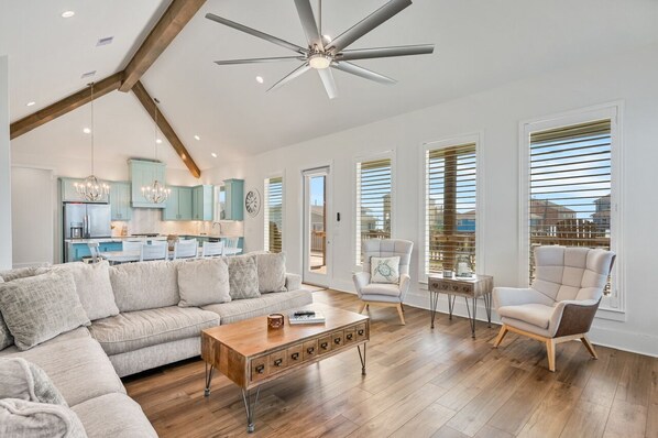 Living area - Beach Bound & Down - Gulf view! Cargo lift, 4 bedrooms, outdoor bar! (Crystal Beach)