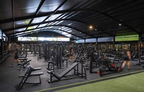 A gym with various exercise equipment, a green carpeted floor, and a large window.