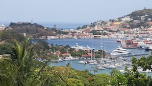 A coastal town with a marina filled with boats, a prominent church, and residential buildings on a hillside. - Beautiful 1-bed Apartment in Saint George's (St. George's)