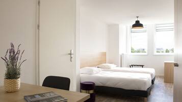 Een hotelkamer met twee bedden, een bureau met stoel, een kleine tafel met een plant en een raam met uitzicht op gebouwen.