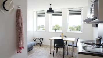 Classic Studio | Desk, blackout drapes, soundproofing, iron/ironing board