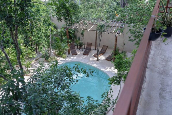 Relax by the serene oval pool surrounded by lush greenery and shaded by a wooden pergola.