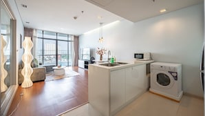 Een modern appartement met keuken, wasmachine en een bank in de woonkamer.