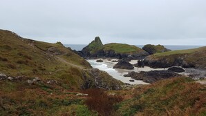 A coastal landscape with rocky outcrops, grassy hills, and a narrow beach.