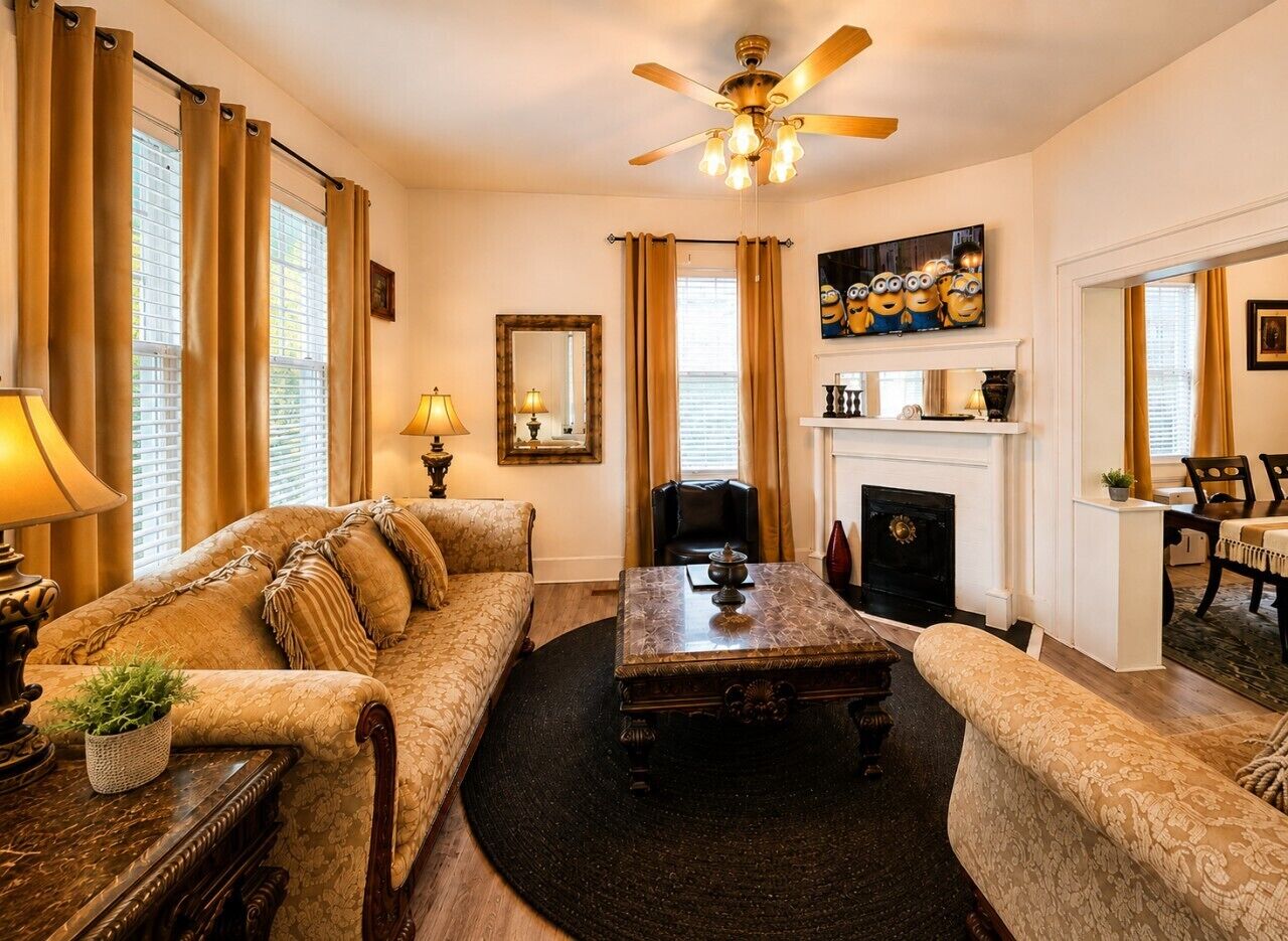 A living room with a sofa, a coffee table, a fireplace, and a ceiling fan.