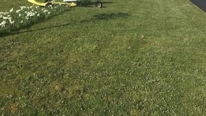 Eine grüne Rasenfläche mit einem kleinen, bunten Spielhäuschen, einem gelben Scooter und einem weißen Schild.
