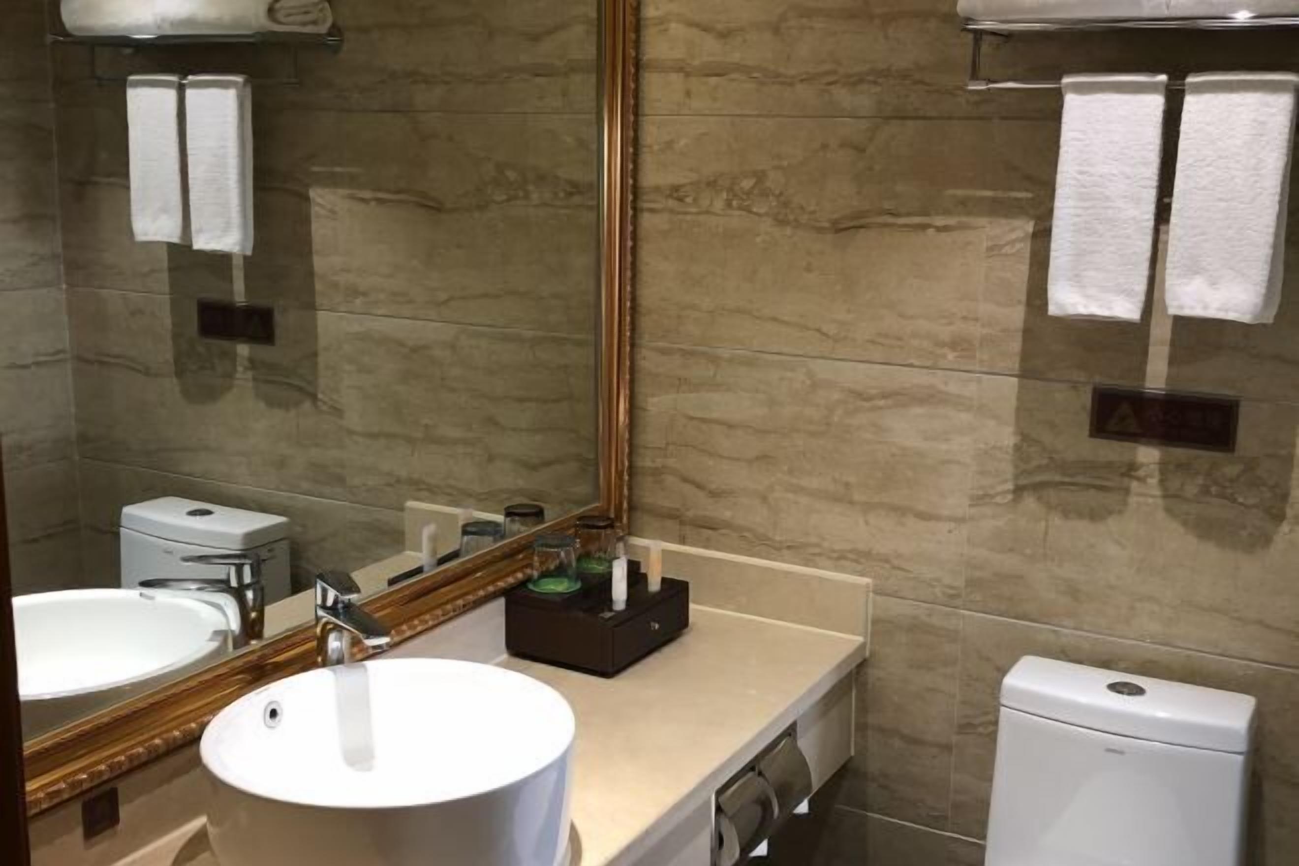 A bathroom with a large mirror, a sink, a toilet, and towels on the wall.
