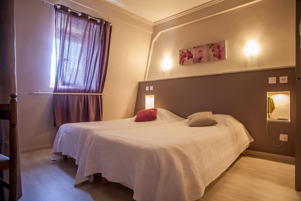 A bedroom with two beds, a window with curtains, a wall-mounted light, and a painting.