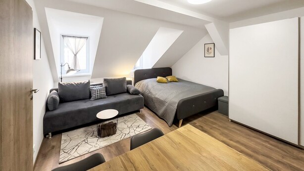 Ein modernes Schlafzimmer im Loft-Stil mit Schlafbox, einer Couch, einem kleinen runden Tisch und Holzboden.