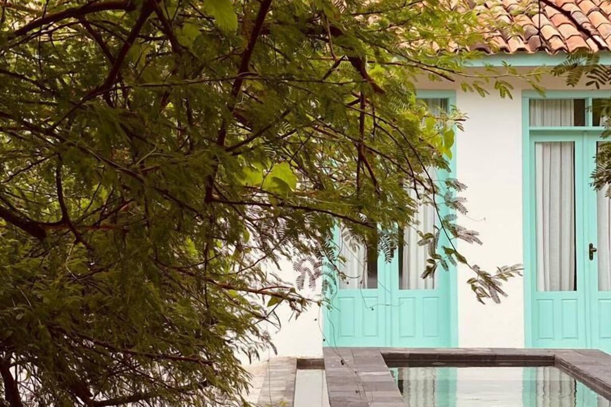 Une maison avec une piscine, entourée d’arbres et bordée d’une zone sablonneuse.