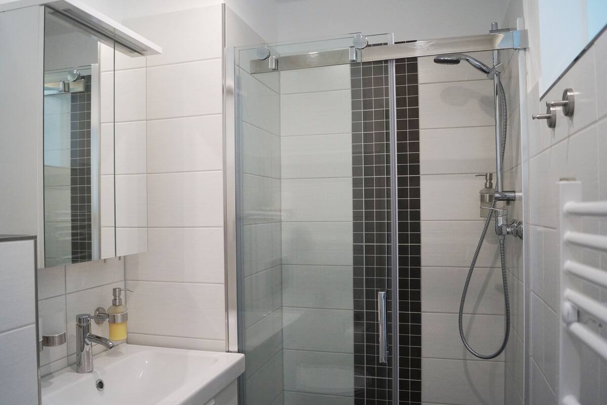 A modern bathroom with a glass-enclosed shower, a white sink, and a mirror above the sink.