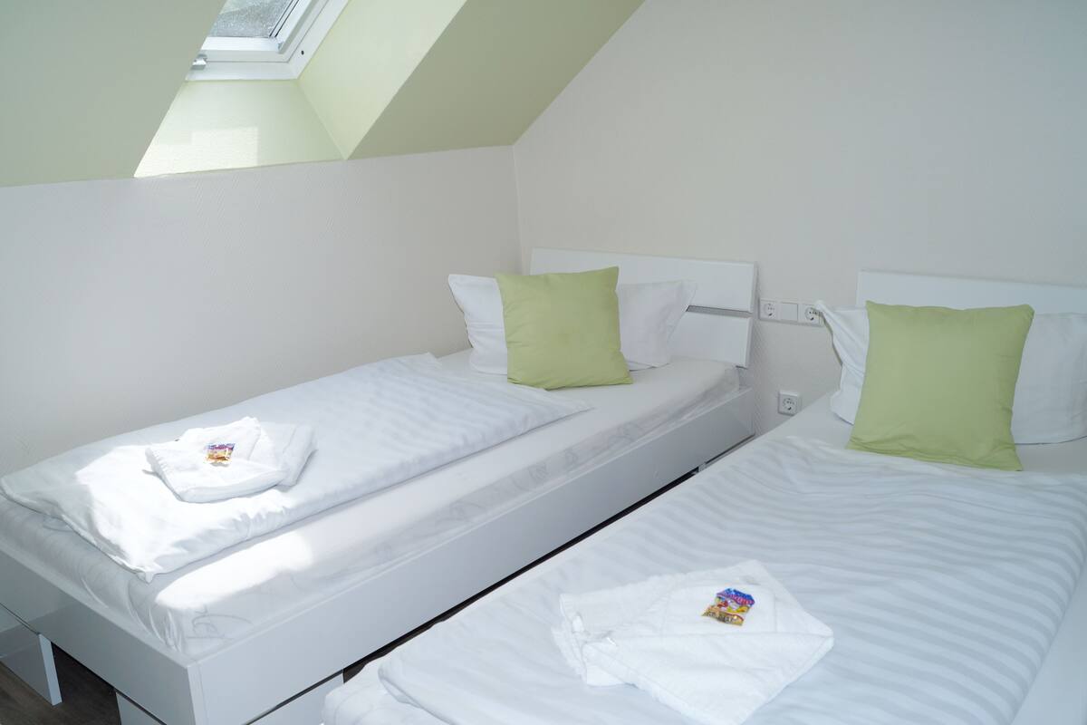 Two single beds with white bedding and green pillows, a skylight above, and a white wall.