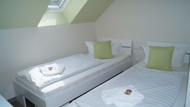 Una habitación pequeña y limpia con dos camas individuales, cada una con ropa blanca y almohadas verdes. Un tragaluz proporciona luz natural.