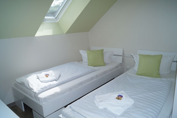 Una habitación pequeña y limpia con dos camas individuales, cada una con ropa blanca y almohadas verdes. Un tragaluz proporciona luz natural.