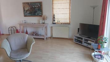 A living room with a sofa, a TV, a radiator, a painting, and a window with blinds.