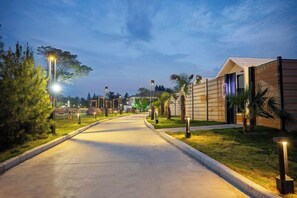 Un sendero conduce a un edificio con vestíbulo cubierto, rodeado de vegetación y faroles.