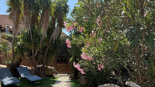A garden with a gravel path, green lawn, and outdoor seating area with chairs and a table. - Charming studio 300 m from the beach of Santa Giulia (Porto-Vecchio)