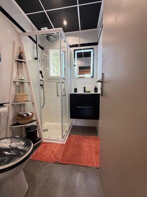 Shower, hair dryer, towels, toilet paper