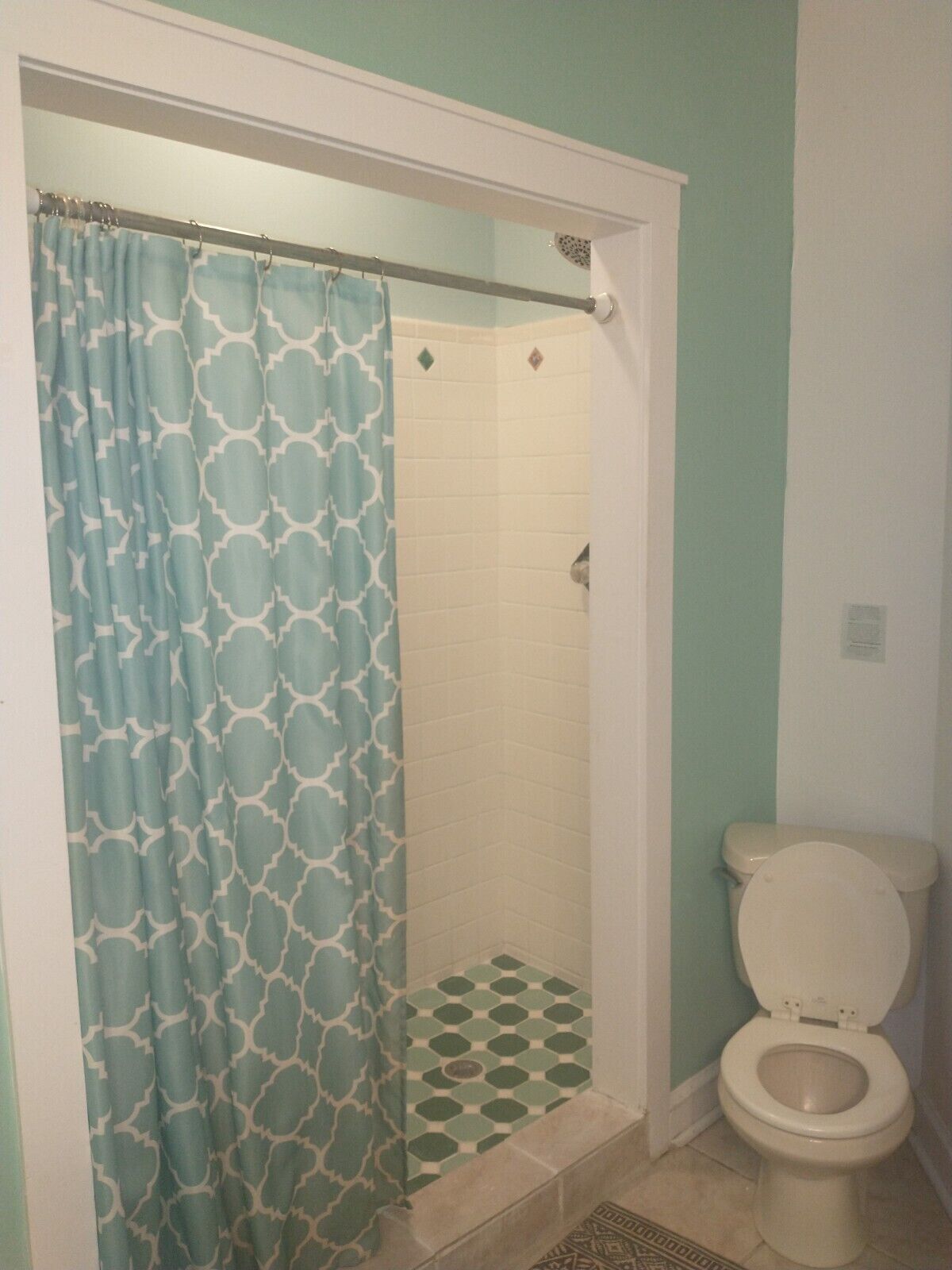 A bathroom with a shower curtain, a toilet, and a tiled floor.