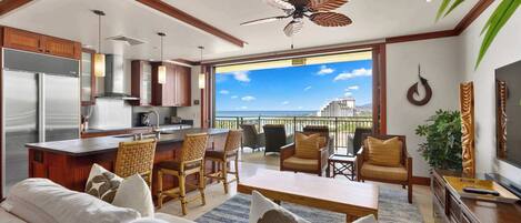 Condo, Multiple Beds, Balcony, Ocean View (Hale Kai 2) | Living area | 65-inch flat-screen TV with digital channels
