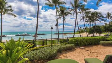 A beach view with palm trees, a sandy area, and a pool.
