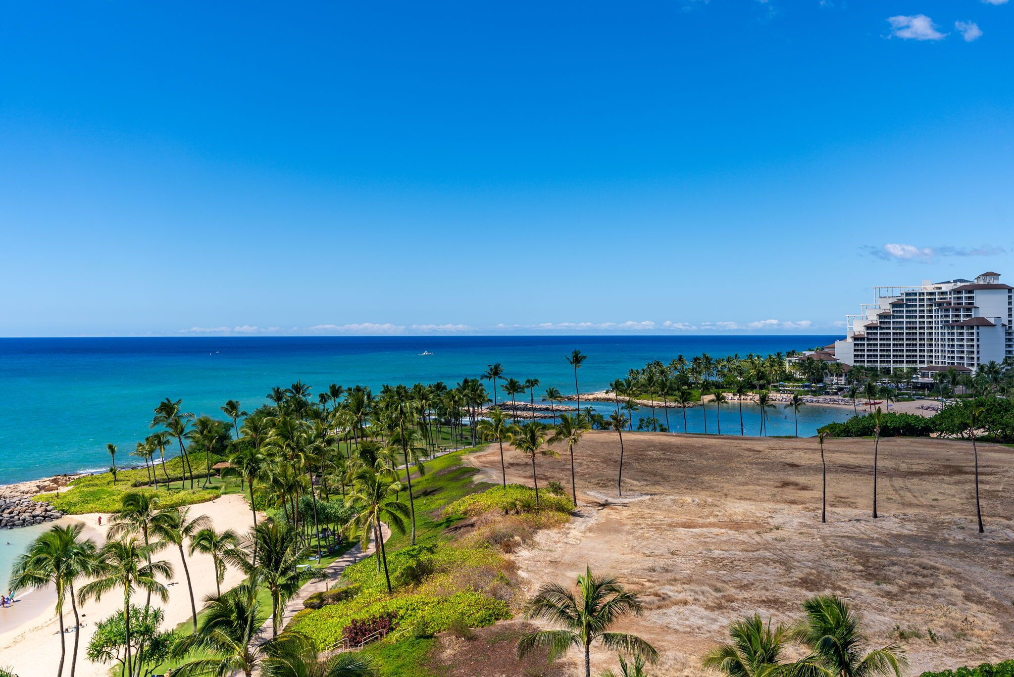 Un resort con playa, palmeras y un edificio grande de varios pisos.